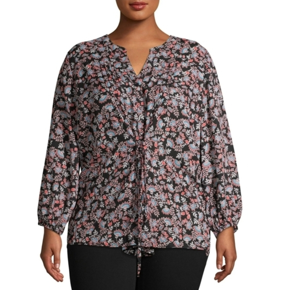 Terra & Sky NWT Women's Plus Size Long‎ Sleeve V-Neck Top With Cinched Waist